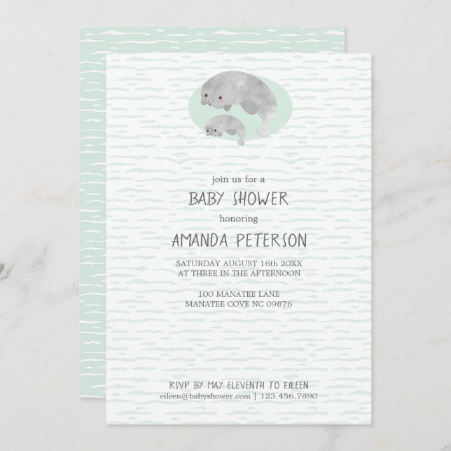 Cute Mama & Baby Manatee with Waves Baby Shower Invitation (Front/Back)