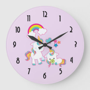 Cute Mama & Baby Unicorn Magical Illustration Large Clock