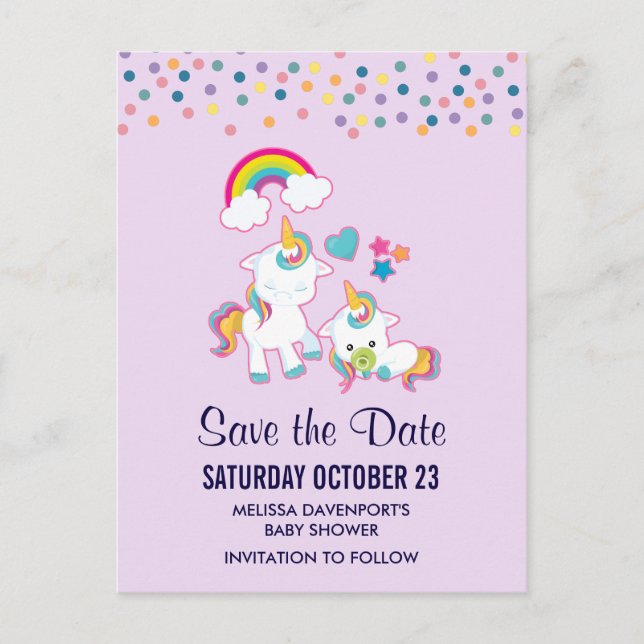 Cute Mama & Baby Unicorn Magical Save the Date Postcard (Front)