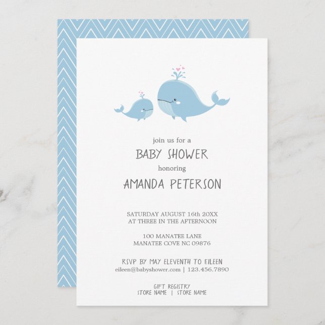 Cute Mama & Baby Whales Blue Chevron Baby Shower Invitation (Front/Back)