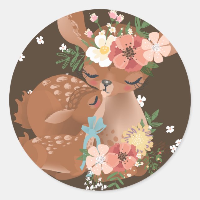 Cute Mama Deer With Her Baby Classic Round Sticker (Front)