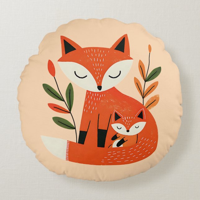 Cute Mama Fox& Baby Cub Whimsical Woodland Nursery Round Cushion (Front)