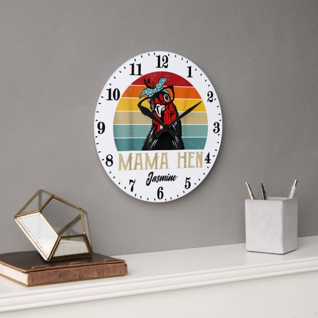 Cute Mama hen add name Large Clock (Office)
