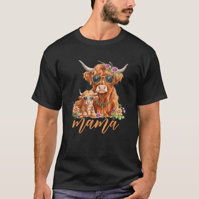 Cute Mama Highland Cow With Baby Calf Boho Floral  T-Shirt (Front)