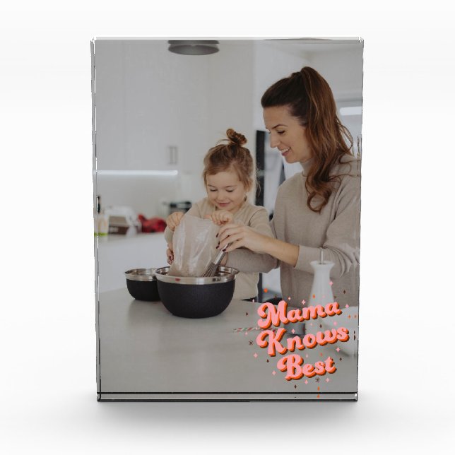 Cute Mama Knows Best Pink Brown Retro Lettering Photo Block (Front)