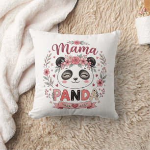 Cute Mama Panda with Pink Flowers and Hearts Cushion