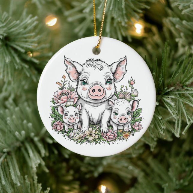 Cute Mama Pigs and Piglets in Flowers Ceramic Ornament (Tree)