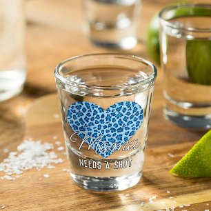 Cute Mama Word Art on Blue Leopard Patterned Heart Shot Glass