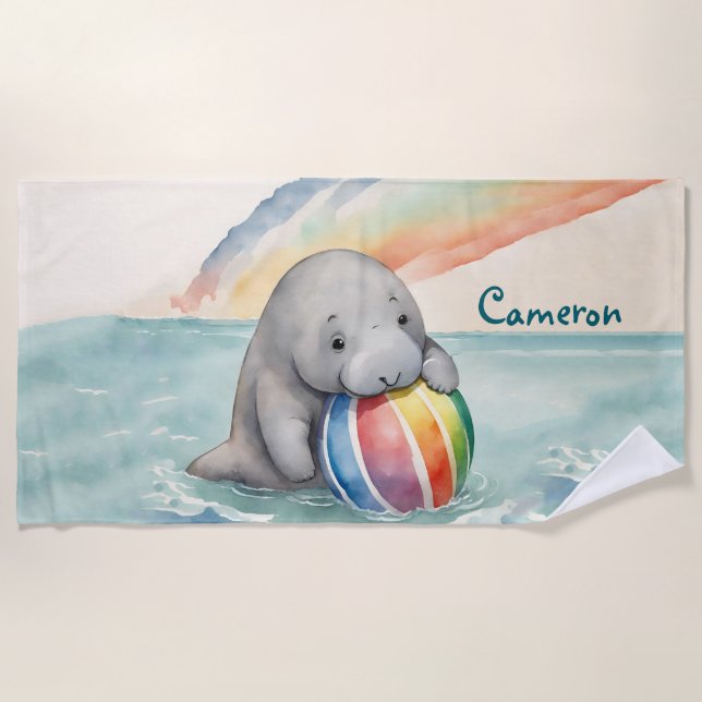 Cute Manatee Gender Neutral Personalised Beach Towel (Front)