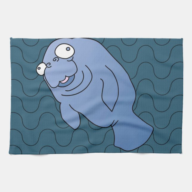 Cute Manatee Hugger Cartoon Animal Tea Towel (Horizontal)