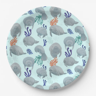 Cute Manatees With Bubbles Pattern - Light Blue Paper Plate