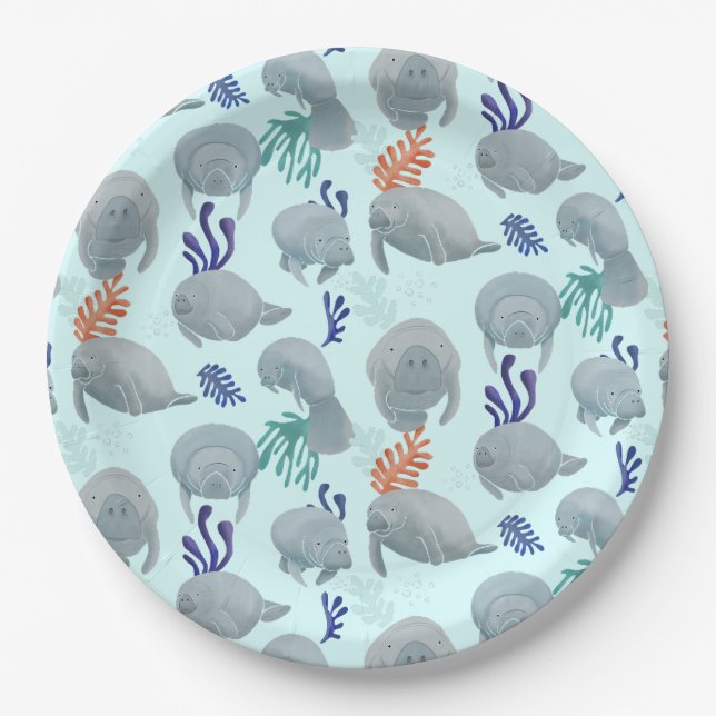 Cute Manatees With Bubbles Pattern - Light Blue Paper Plate (Front)