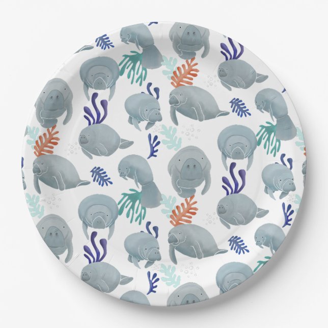 Cute Manatees With Bubbles Pattern - White Paper Plate (Front)