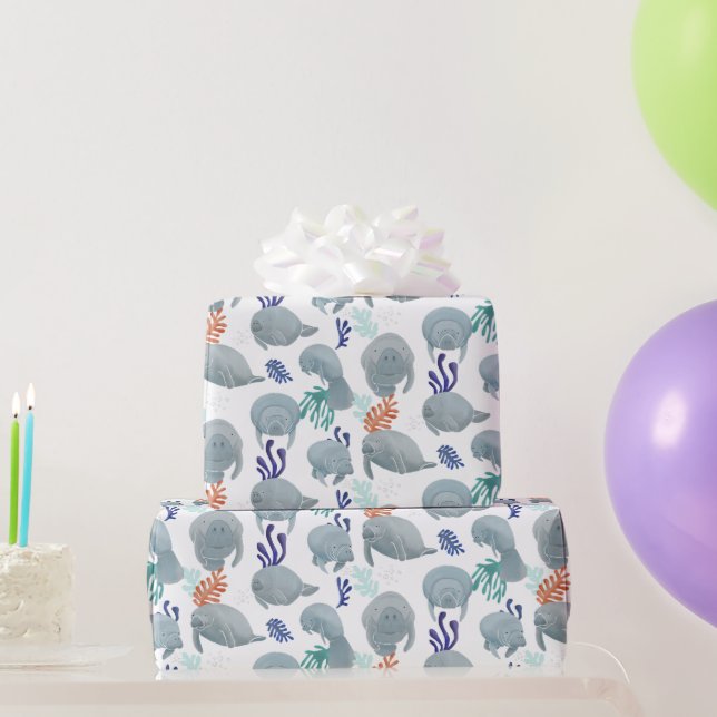 Cute Manatees With Bubbles Pattern Wrapping Paper (Party Gifts)