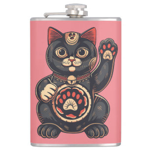 cute Maneki Neko cat print drawn Japanese Hip Flask