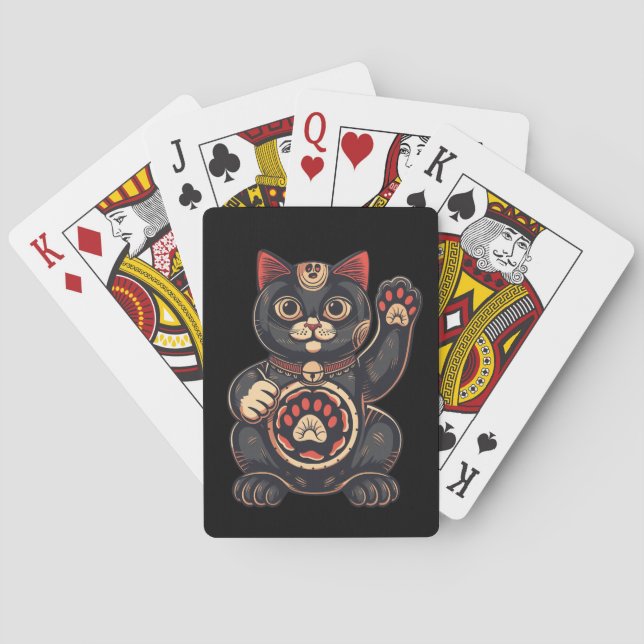 cute Maneki Neko cat print drawn Japanese Playing Cards (Back)