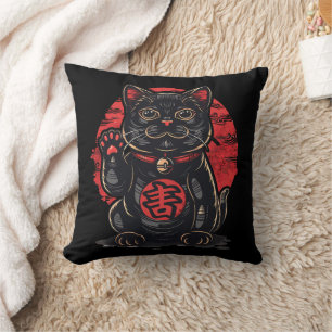 cute Maneki Neko cat print drawn Japanese symbol  Cushion