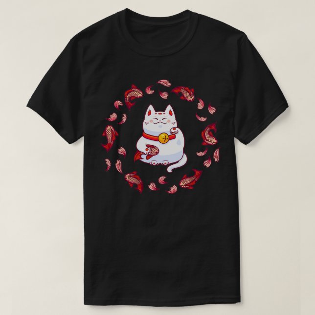Cute Maneki Neko Lucky Cat with Koi Fish  T-Shirt (Design Front)
