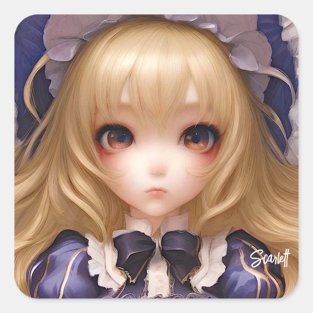 Cute Manga Anime Girl Japanese In Blue Square Sticker (Front)