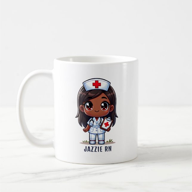 Cute Manga Black Nurse Brown Hair and Eyes Custom Coffee Mug (Left)