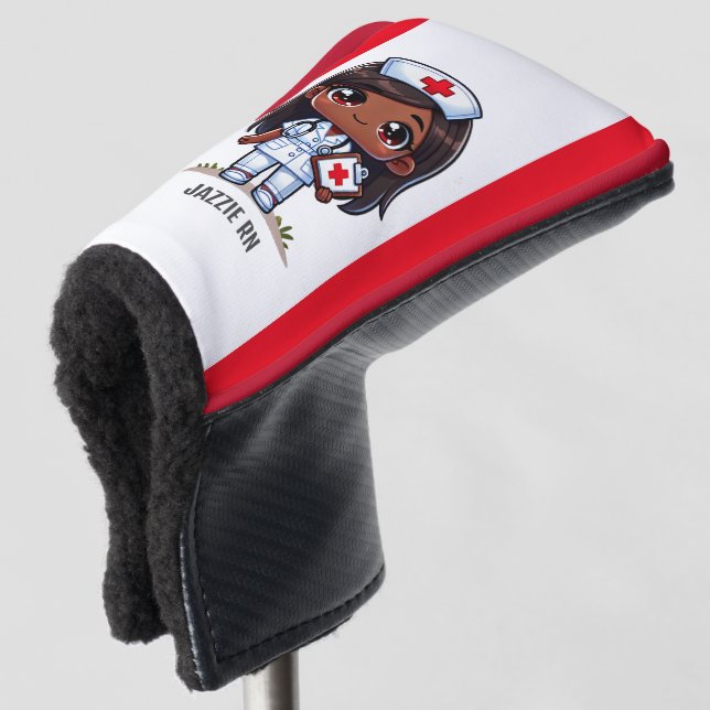 Cute Manga Black Nurse Brown Hair and Eyes Custom Golf Head Cover (3/4 Front)