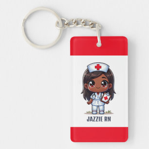 Cute Manga Black Nurse Brown Hair and Eyes Custom Key Ring