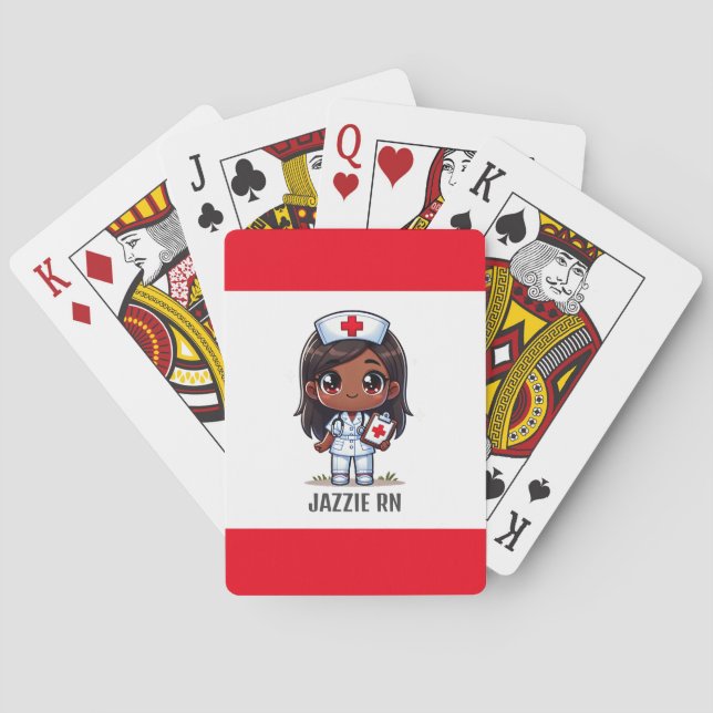Cute Manga Black Nurse Brown Hair and Eyes Custom Playing Cards (Back)
