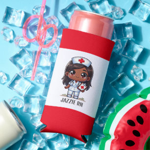 Cute Manga Black Nurse Brown Hair and Eyes Custom Seltzer Can Cooler