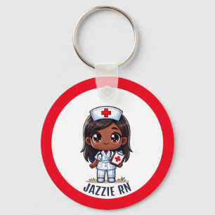 Cute Manga Black Nurse Brunette Caricature Custom Key Ring