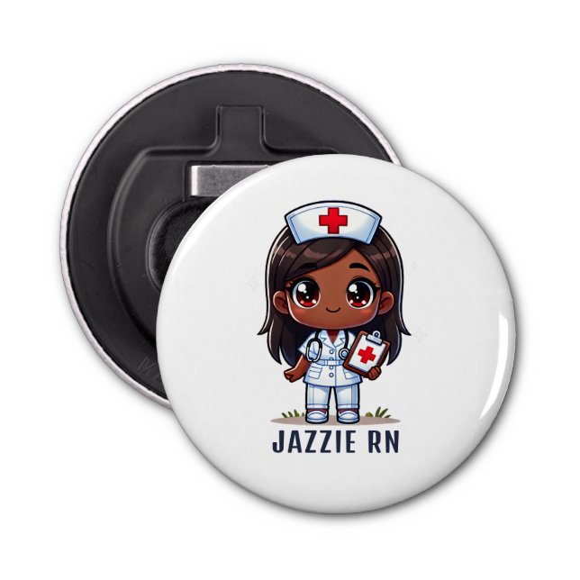 Cute Manga Black Nurse Caricature Personalised Bottle Opener (Front)