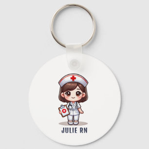 Cute Manga Brunette Nurse Caricature Personalised Key Ring