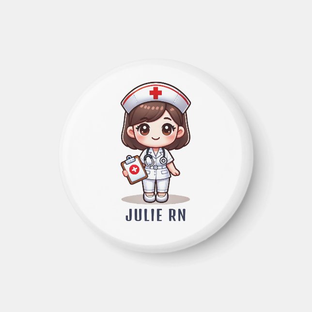 Cute Manga Brunette Nurse Caricature Personalised Magnet (Front)