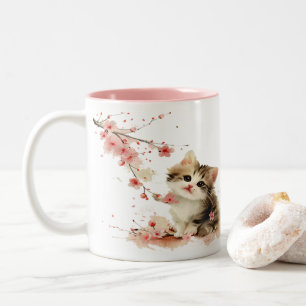 Cute Manga Kitten Floral Spring Two-Tone Coffee Mug