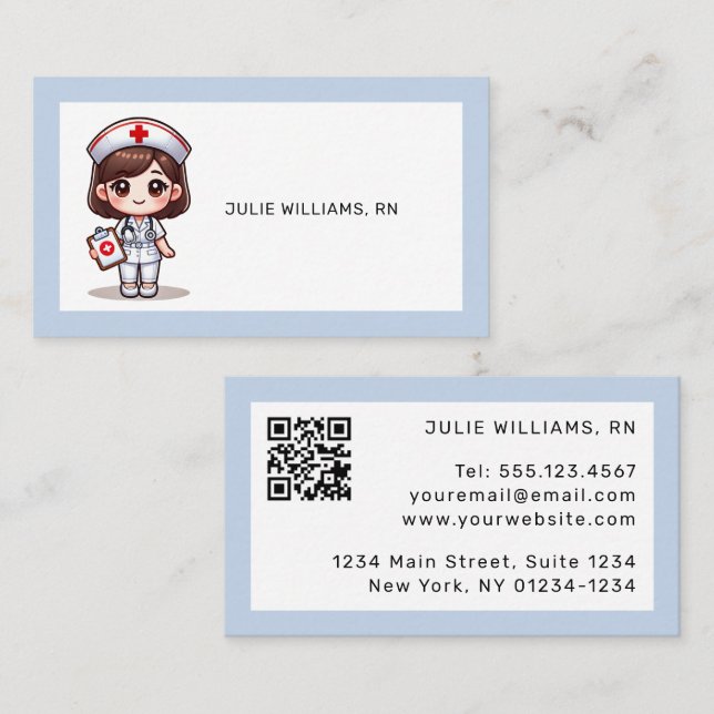 Cute Manga Nurse Brown Hair Brown Eye Blue QR Code Business Card (Front/Back)