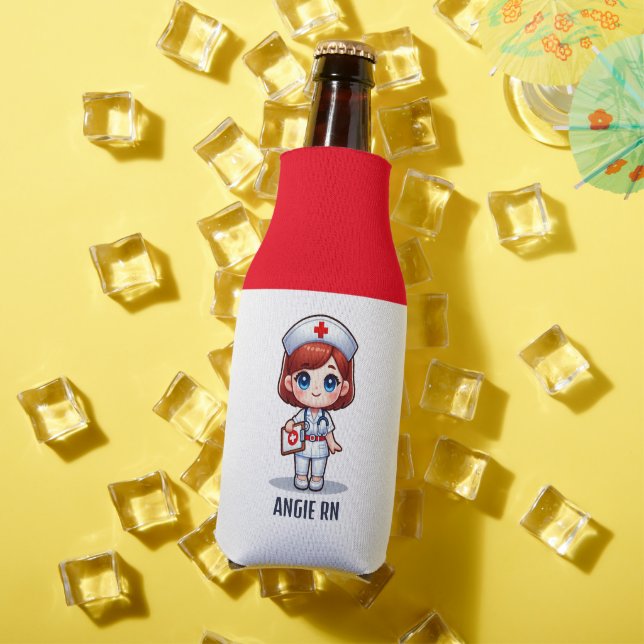 Cute Manga Nurse Redhead Blue Eyes Custom Bottle Cooler (In Situ Summer)