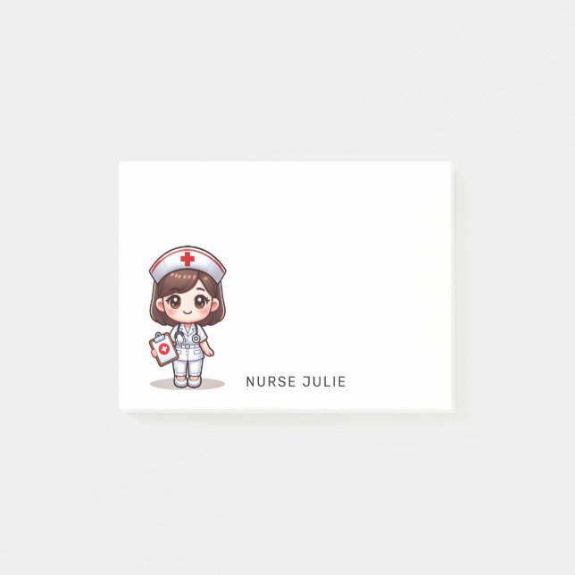 Cute Manga Nurse with Brown Hair Brown Eyes 4x3 Post-it Notes (Front)