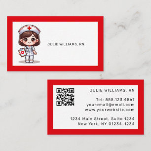 Cute Manga Nurse with Brown Hair Brown Eyes Custom Business Card