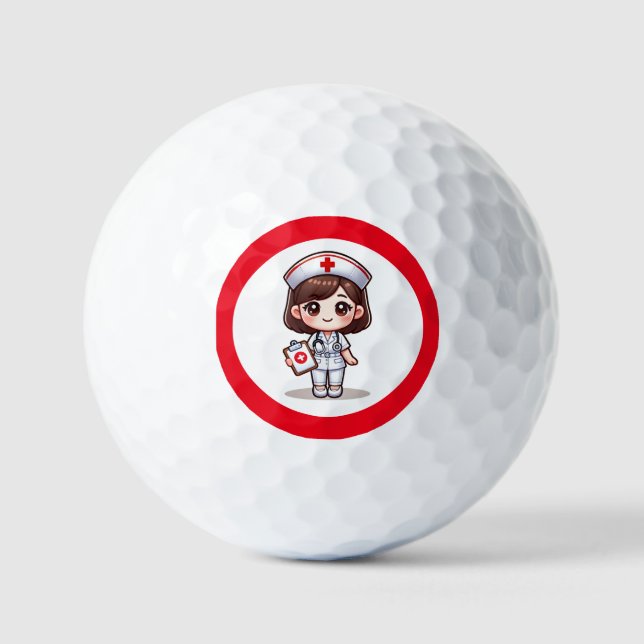 Cute Manga Nurse with Brown Hair Brown Eyes Custom Golf Balls (Front)