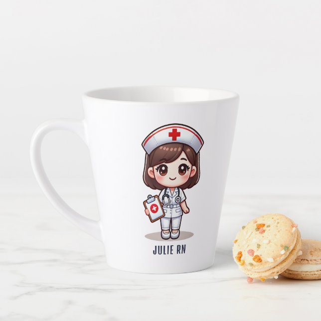 Cute Manga Nurse with Brown Hair Brown Eyes Custom Latte Mug (In Situ)