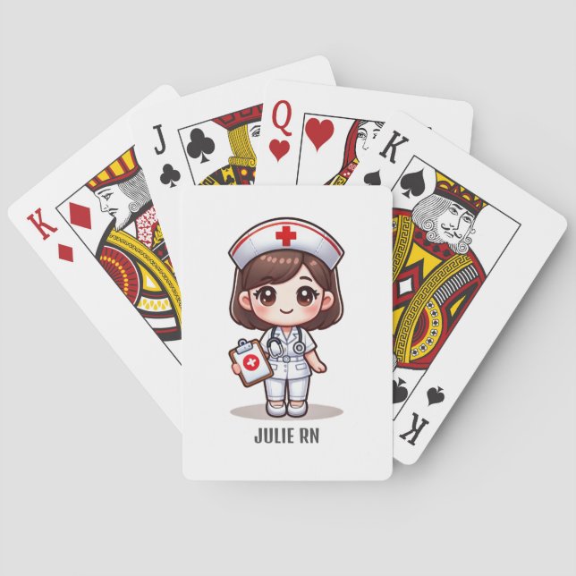 Cute Manga Nurse with Brown Hair Brown Eyes Custom Playing Cards (Back)