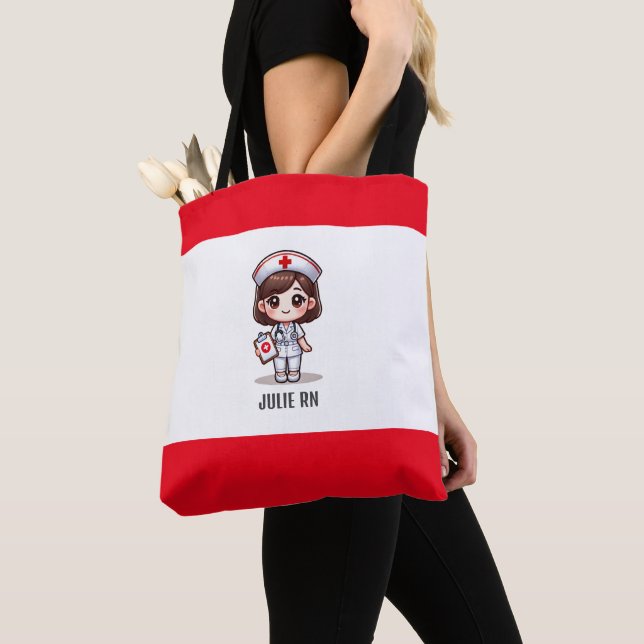 Cute Manga Nurse with Brown Hair Brown Eyes Custom Tote Bag (Close Up)