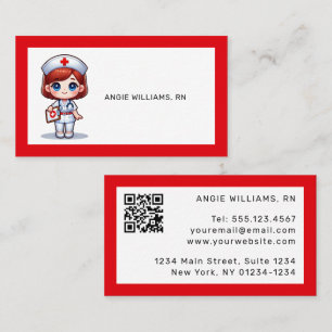 Cute Manga Nurse with Red Hair Blue Eyes Custom Business Card