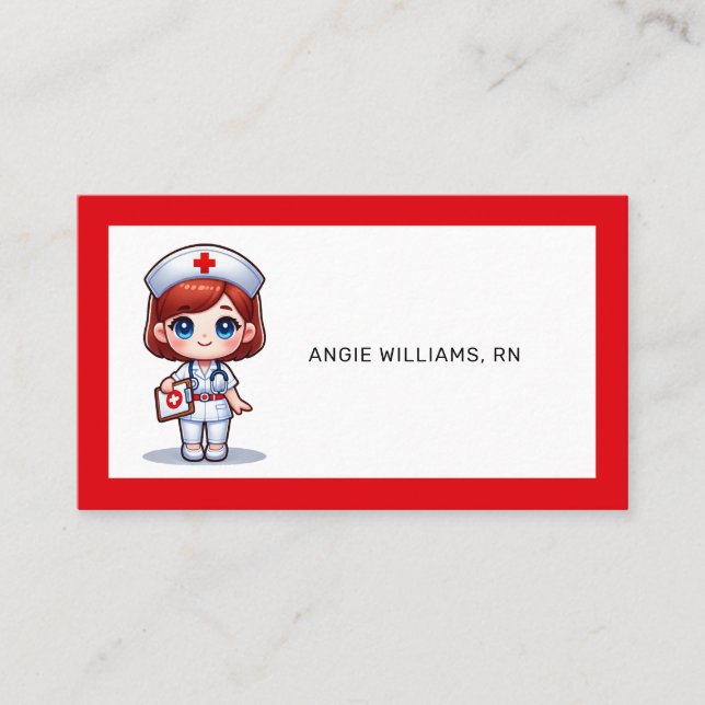 Cute Manga Nurse with Red Hair Blue Eyes Custom Business Card (Front)