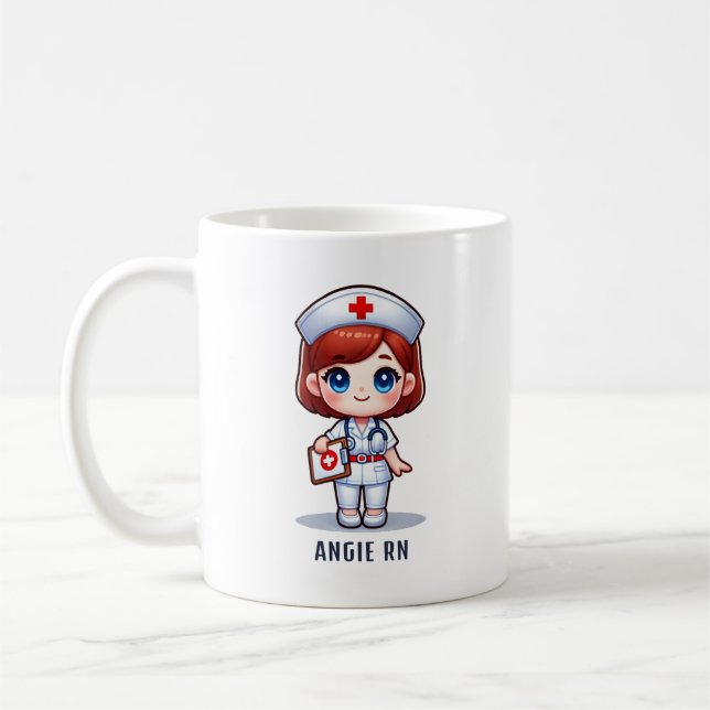 Cute Manga Nurse with Red Hair Blue Eyes Custom Coffee Mug (Left)