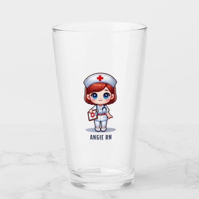 Cute Manga Nurse with Red Hair Blue Eyes Custom Glass (Front)