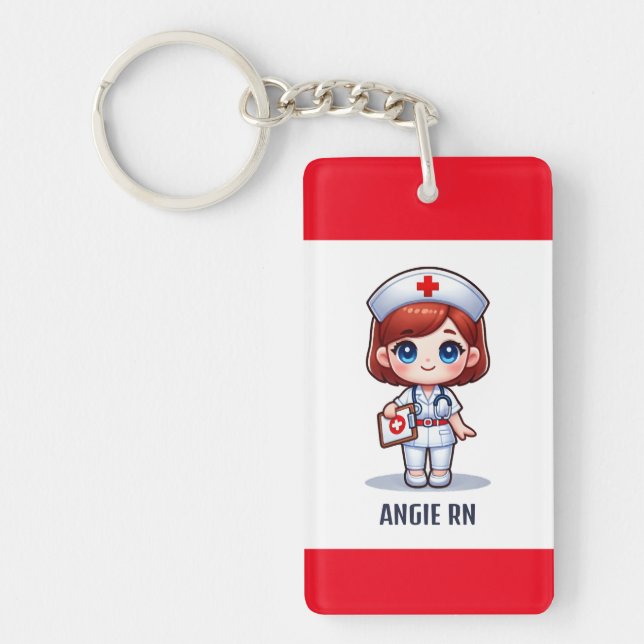 Cute Manga Nurse with Red Hair Blue Eyes Custom Key Ring (Front)