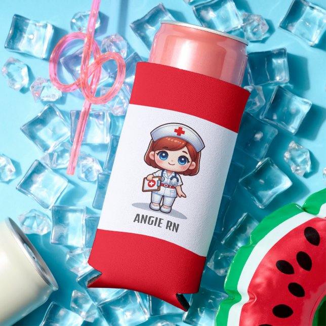 Cute Manga Nurse with Red Hair Blue Eyes Custom Seltzer Can Cooler (In Situ Summer)