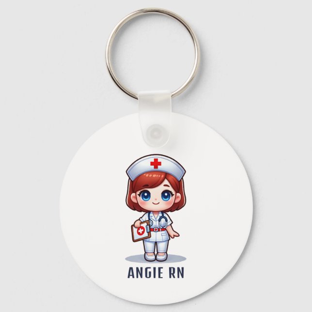 Cute Manga Redhead Nurse Caricature Personalised Key Ring (Front)