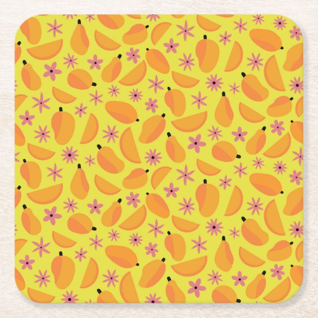 Cute mango fruit and flowers pattern   square paper coaster (Front)
