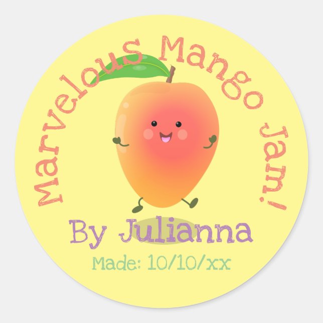 Cute mango jam preserve cartoon illustration label (Front)